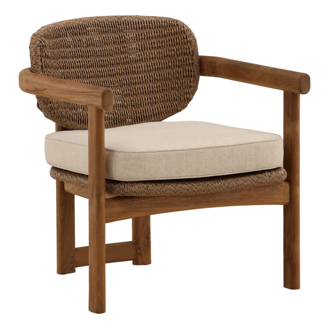 Sand and Light Brown Olefin, Twisted Synthetic Wicker, Aluminum and Teak Wood Chair 26.5 in Wide