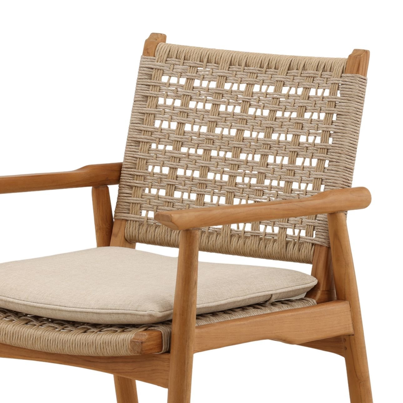 Sand, Beige, and Natural Olefin Fabric, Twisted Synthetic Wicker and Teak Wood Chair 22.5 in Wide