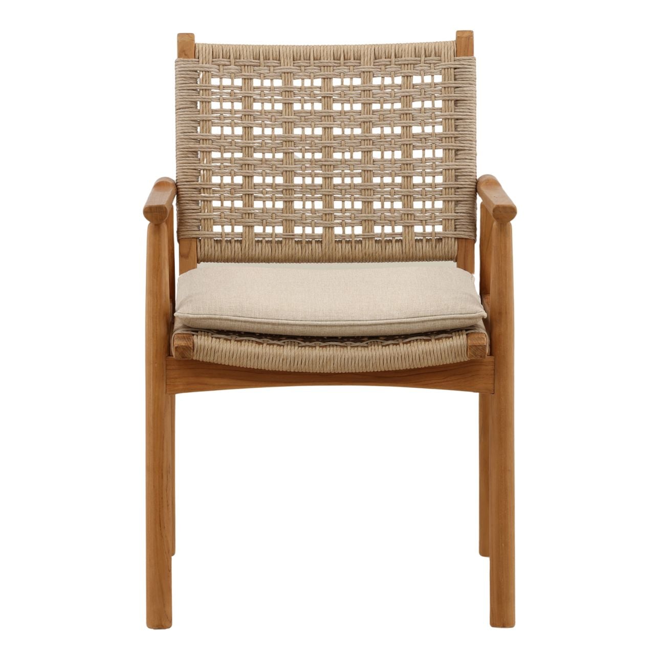 Sand, Beige, and Natural Olefin Fabric, Twisted Synthetic Wicker and Teak Wood Chair 22.5 in Wide