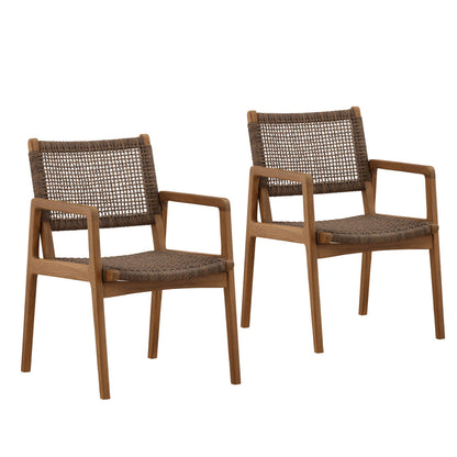 Light Brown Braided Synthetic Wicker and Teak Wood Chair 22 in Wide