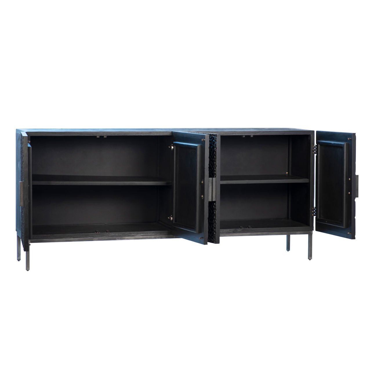 Black Stained Sealed Wood and Antique Iron Finish Reclaimed Pine Wood and Iron Base Sideboard 79 in Wide