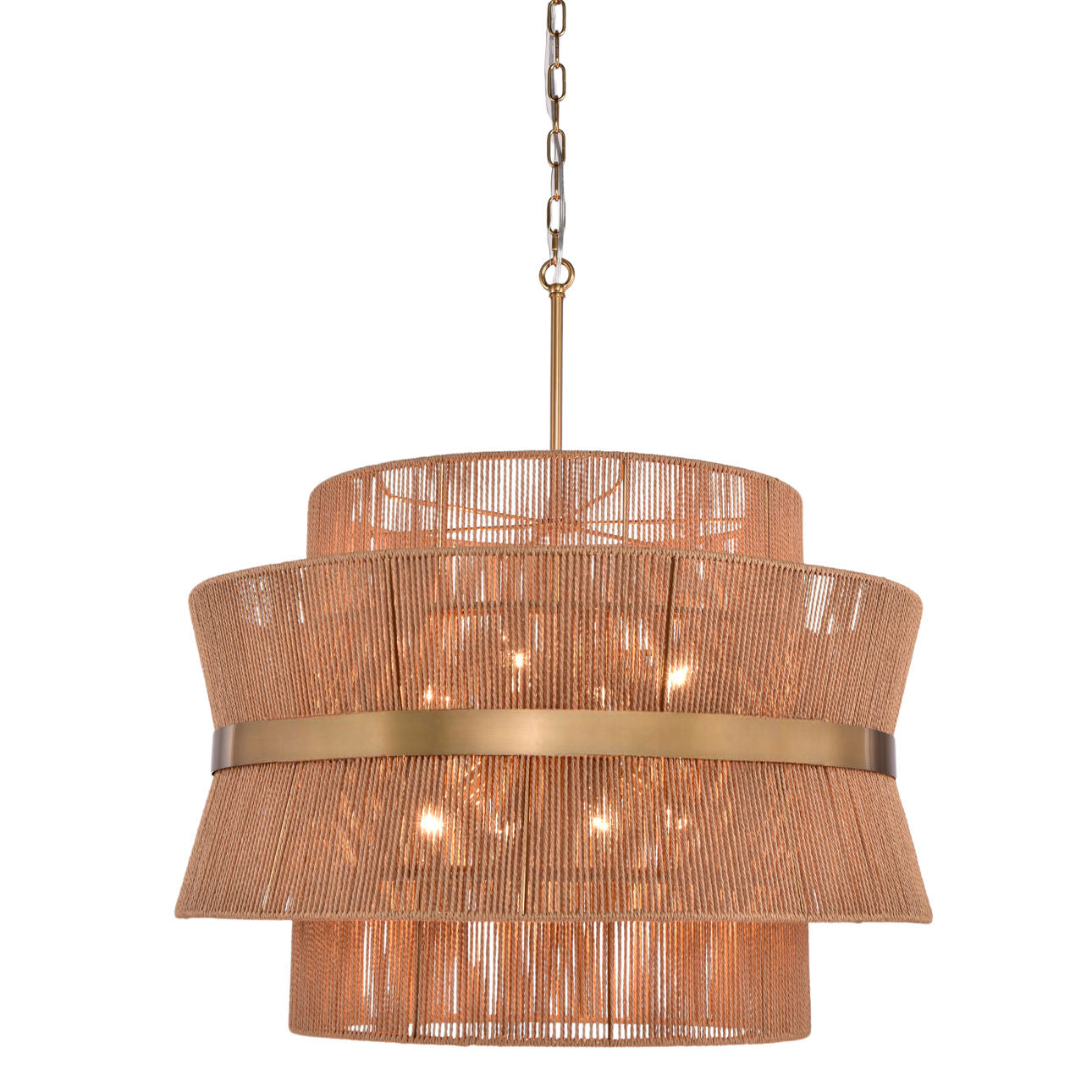 Natural and Brass Rattan and Iron Chandelier 29 in Wide