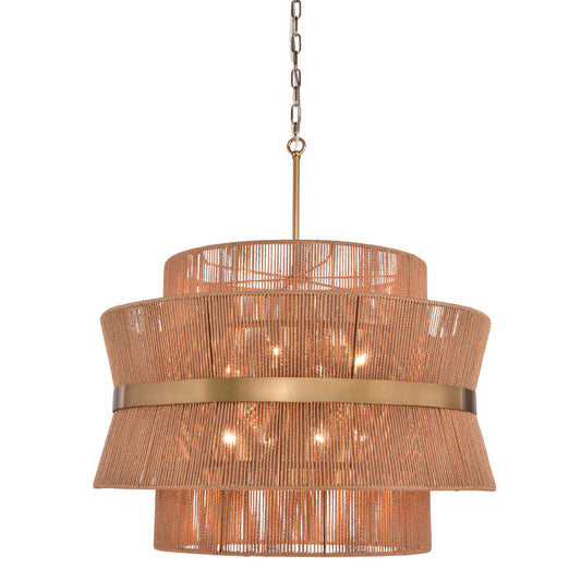 Natural and Brass Rattan and Iron Chandelier 29 in Wide