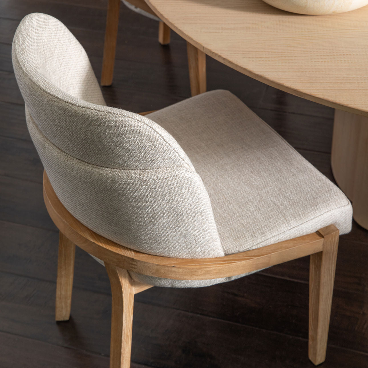 Off White and Light Natural Linen Fabric and Elm Wood Chair 23 in Wide