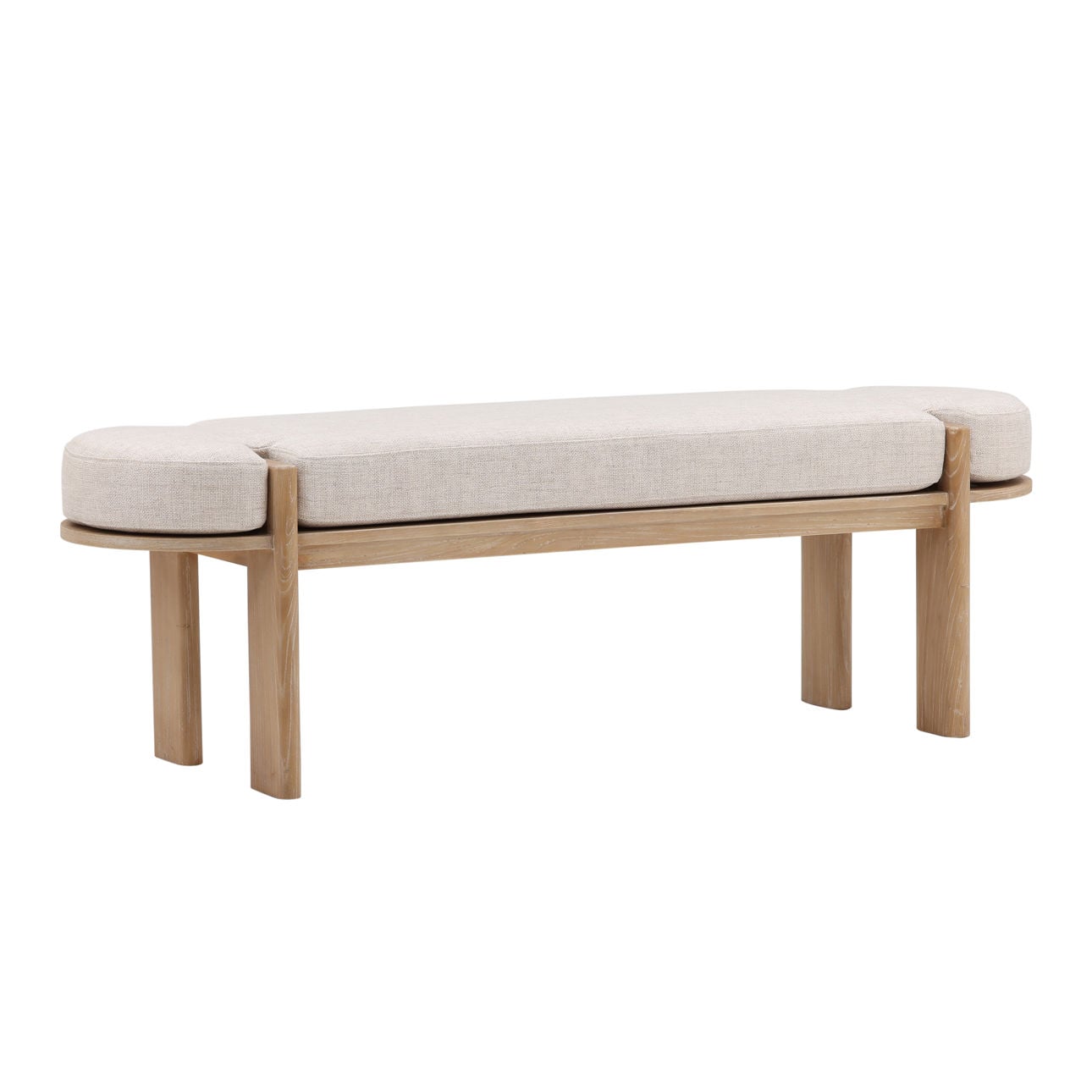 Beige and Natural Linen Fabric and Elm Wood Bench 63 in Wide