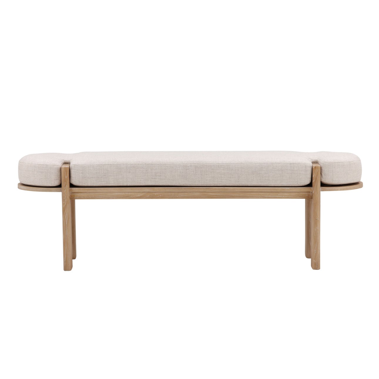 Beige and Natural Linen Fabric and Elm Wood Bench 63 in Wide
