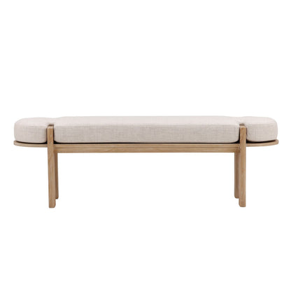 Beige and Natural Linen Fabric and Elm Wood Bench 63 in Wide