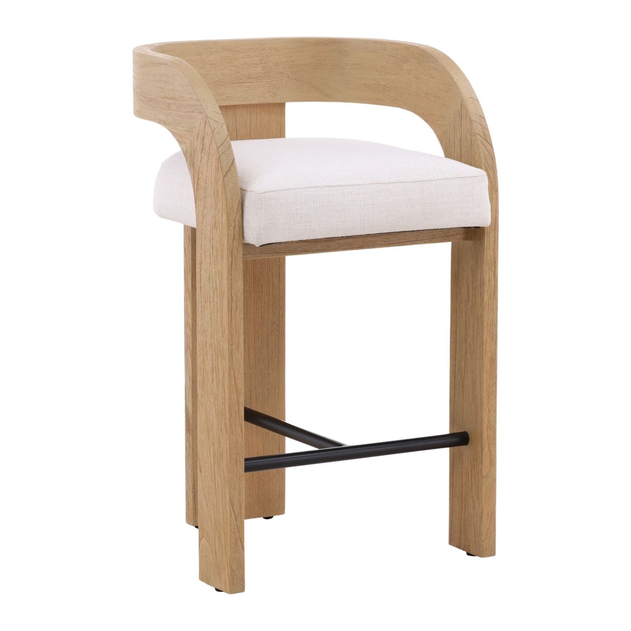 Cream and Natural Basketweave Fabric and Mindi Wood Stool 20.5 in Wide