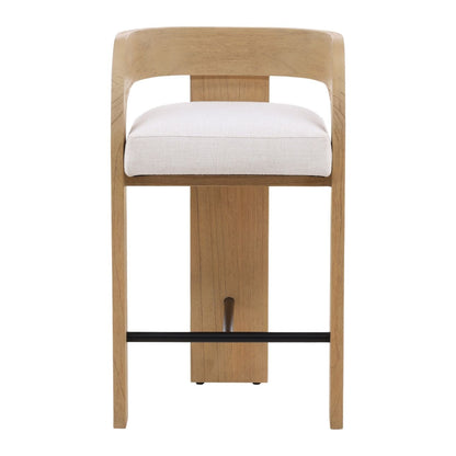 Cream and Natural Basketweave Fabric and Mindi Wood Stool 20.5 in Wide