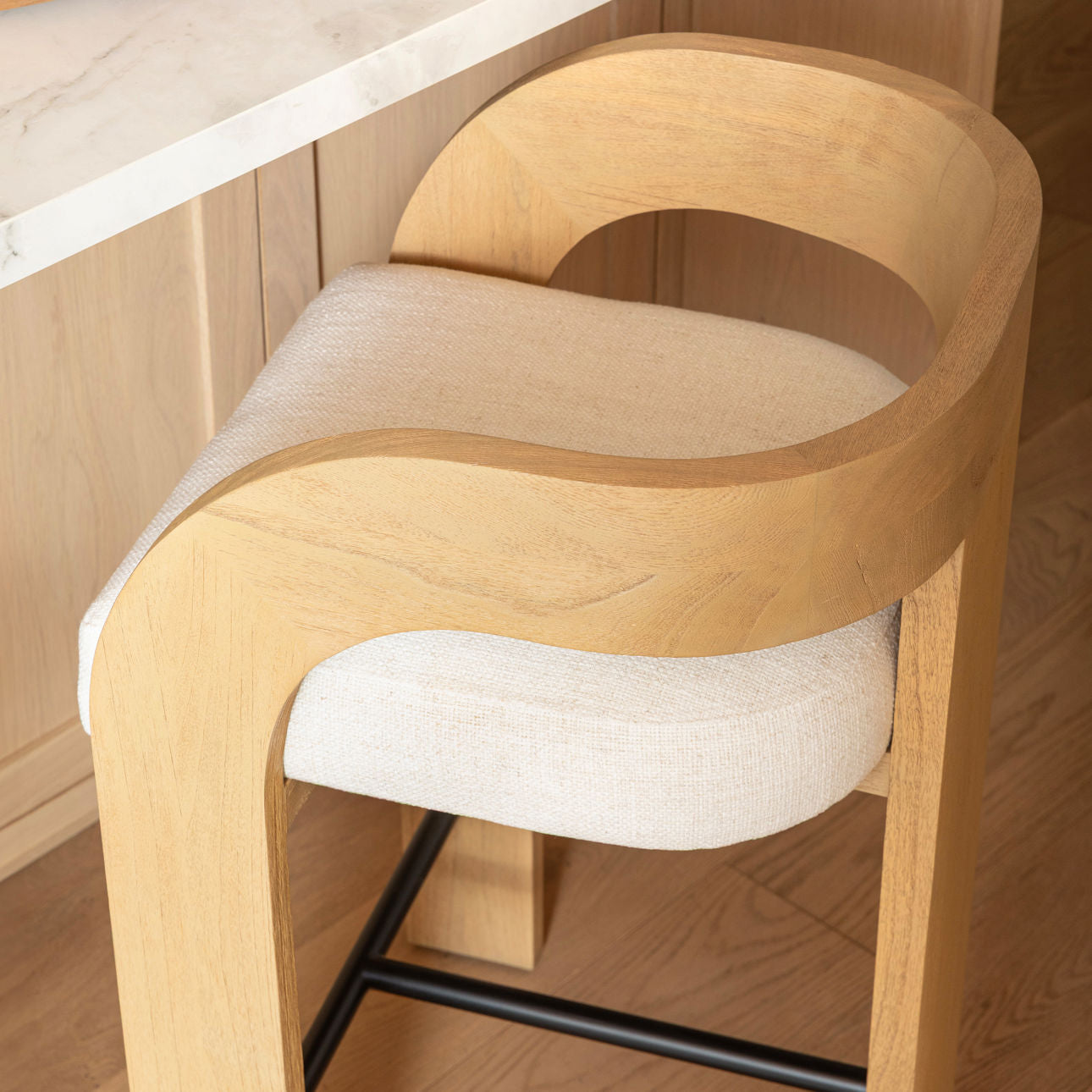 Cream and Natural Basketweave Fabric and Mindi Wood Stool 20.5 in Wide