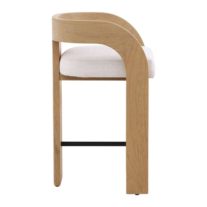 Cream and Natural Basketweave Fabric and Mindi Wood Stool 20.5 in Wide