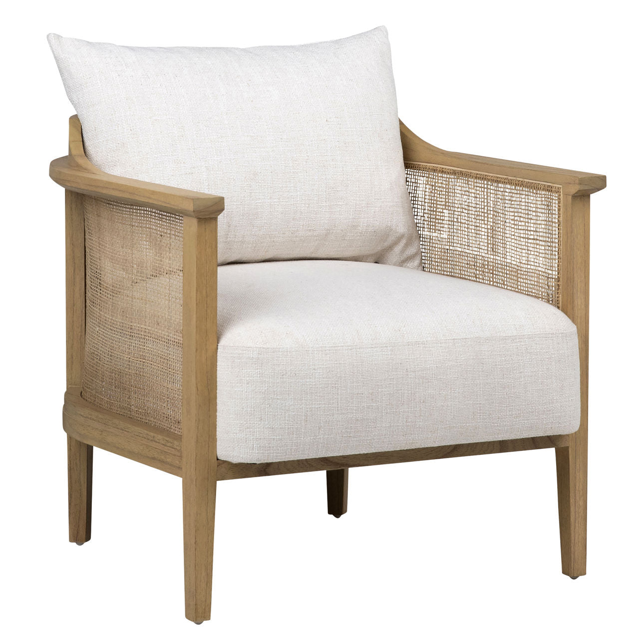 Natural Finish and Off White Upholstery Mindi Wood with Rattan and Polyester Blend Upholstery Chair 28 in Wide