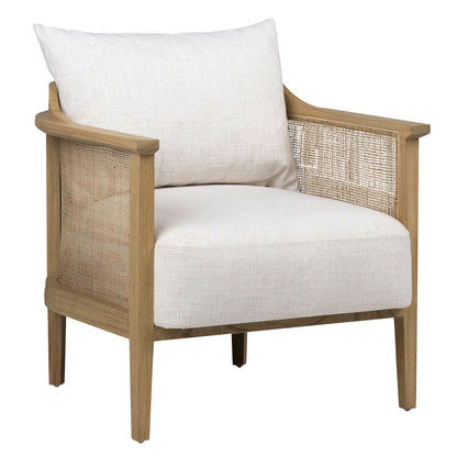 Natural Finish and Off White Upholstery Mindi Wood with Rattan and Polyester Blend Upholstery Chair 28 in Wide