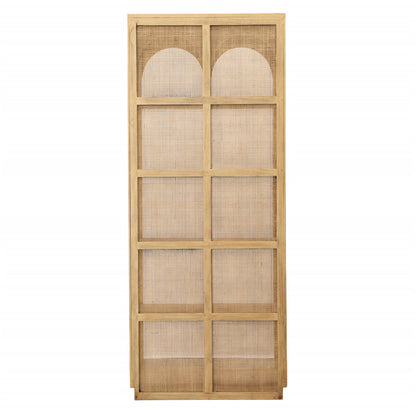 Natural Finish Mindi Wood and Slim Rattan Bookcase 32.5 in Wide