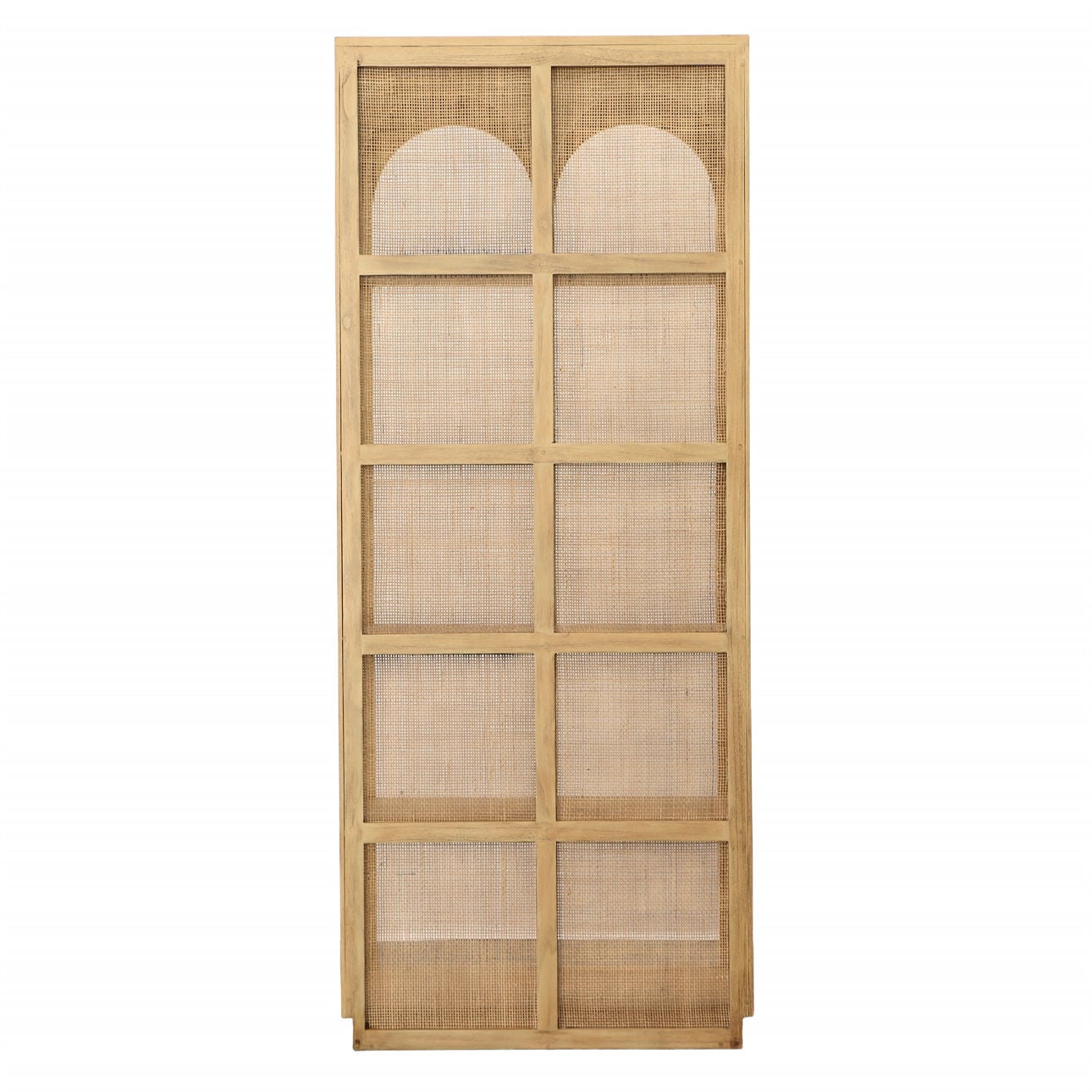 Natural Finish Mindi Wood and Slim Rattan Bookcase 32.5 in Wide