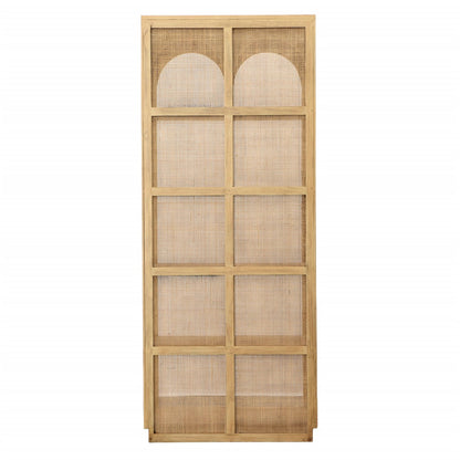 Natural Finish Mindi Wood and Slim Rattan Bookcase 32.5 in Wide