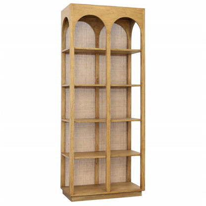 Natural Finish Mindi Wood and Slim Rattan Bookcase 32.5 in Wide