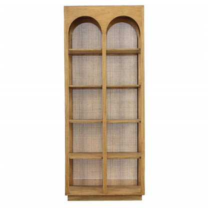 Natural Finish Mindi Wood and Slim Rattan Bookcase 32.5 in Wide