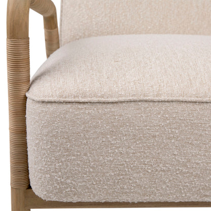 Ivory Upholstery and Natural Finish Frame Boucle Upholstery, Mindi Wood and Rattan Chair 27.5 in Wide
