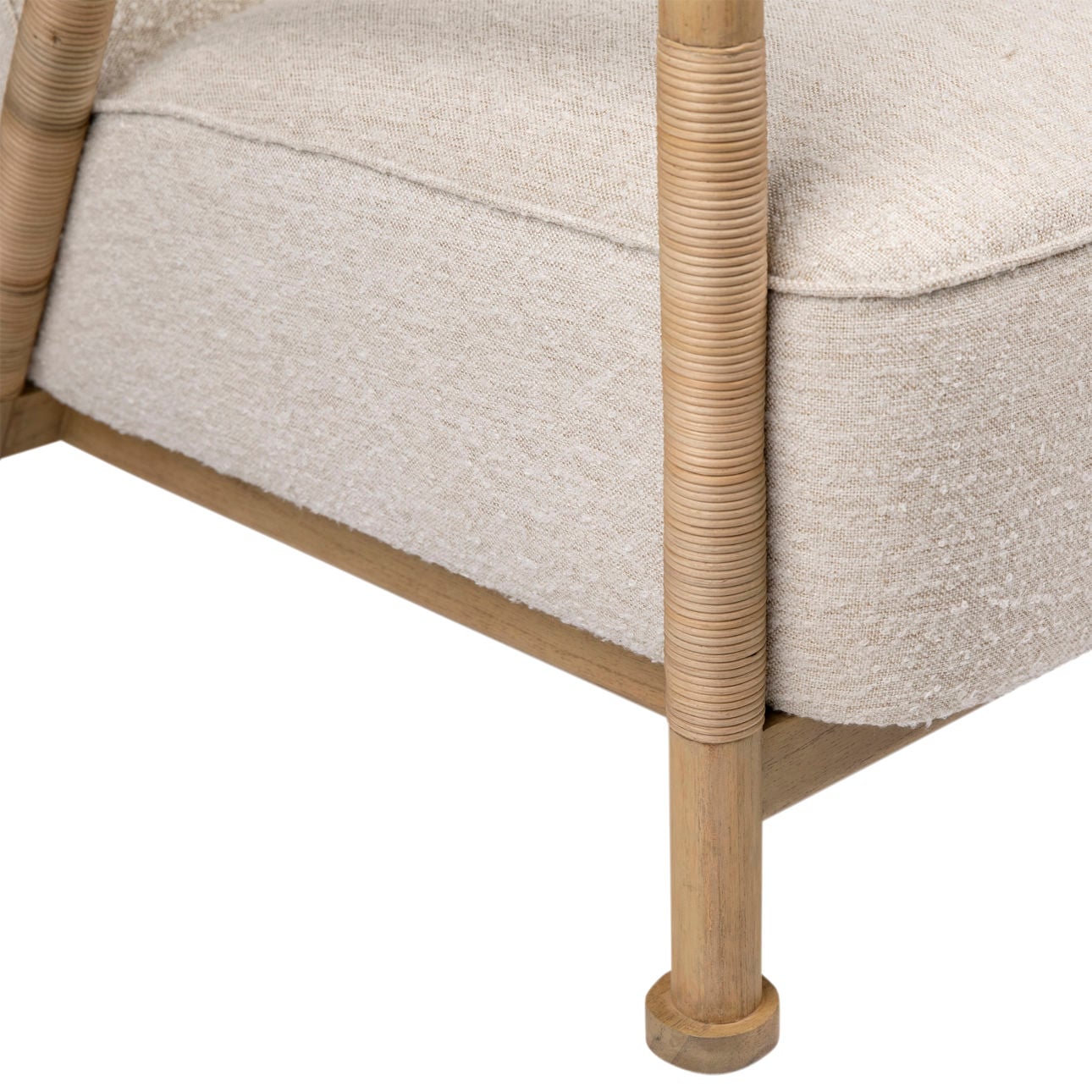Ivory Upholstery and Natural Finish Frame Boucle Upholstery, Mindi Wood and Rattan Chair 27.5 in Wide
