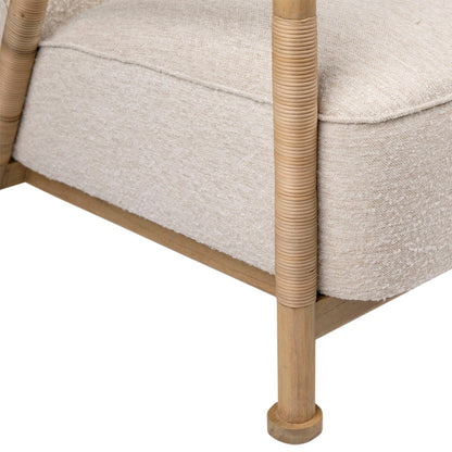 Ivory Upholstery and Natural Finish Frame Boucle Upholstery, Mindi Wood and Rattan Chair 27.5 in Wide