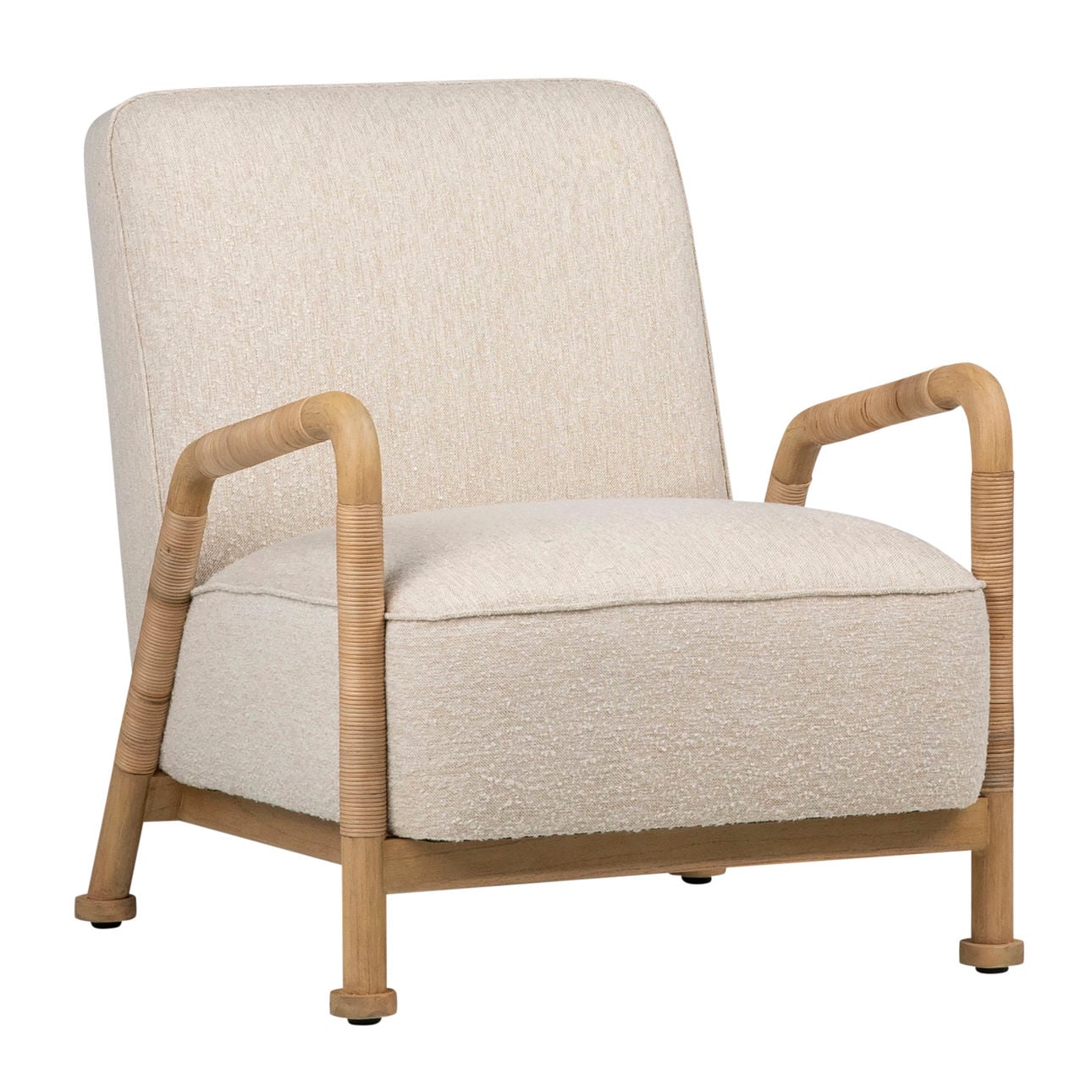 Ivory Upholstery and Natural Finish Frame Boucle Upholstery, Mindi Wood and Rattan Chair 27.5 in Wide