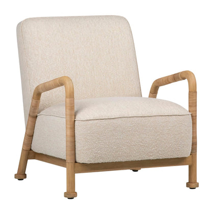 Ivory Upholstery and Natural Finish Frame Boucle Upholstery, Mindi Wood and Rattan Chair 27.5 in Wide