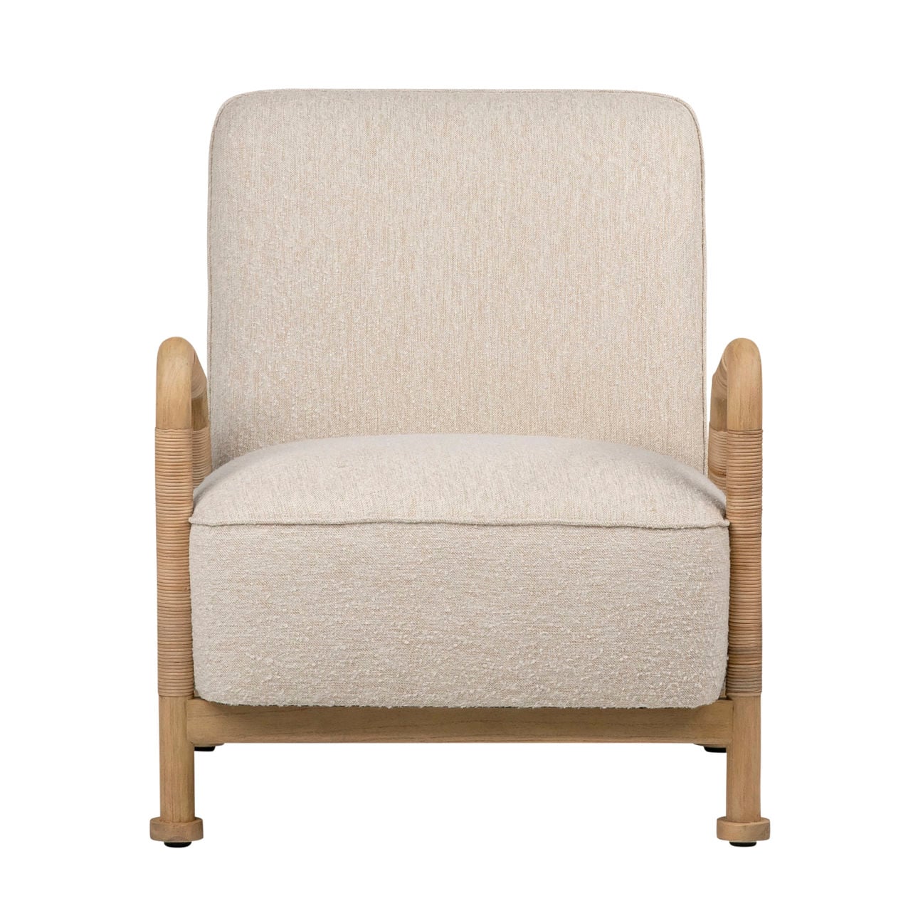 Ivory Upholstery and Natural Finish Frame Boucle Upholstery, Mindi Wood and Rattan Chair 27.5 in Wide