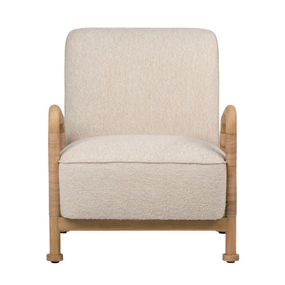 Ivory Upholstery and Natural Finish Frame Boucle Upholstery, Mindi Wood and Rattan Chair 27.5 in Wide