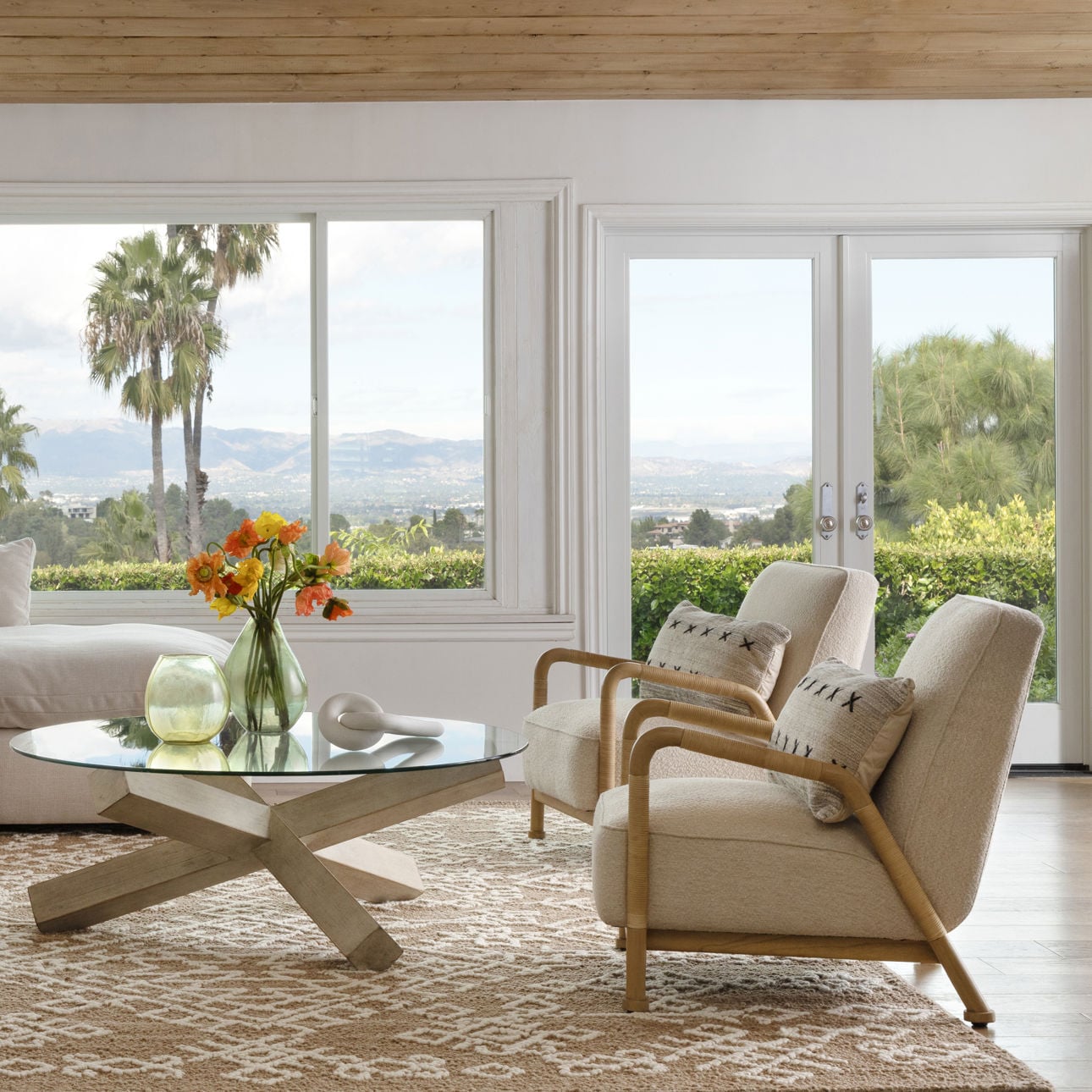 Ivory Upholstery and Natural Finish Frame Boucle Upholstery, Mindi Wood and Rattan Chair 27.5 in Wide