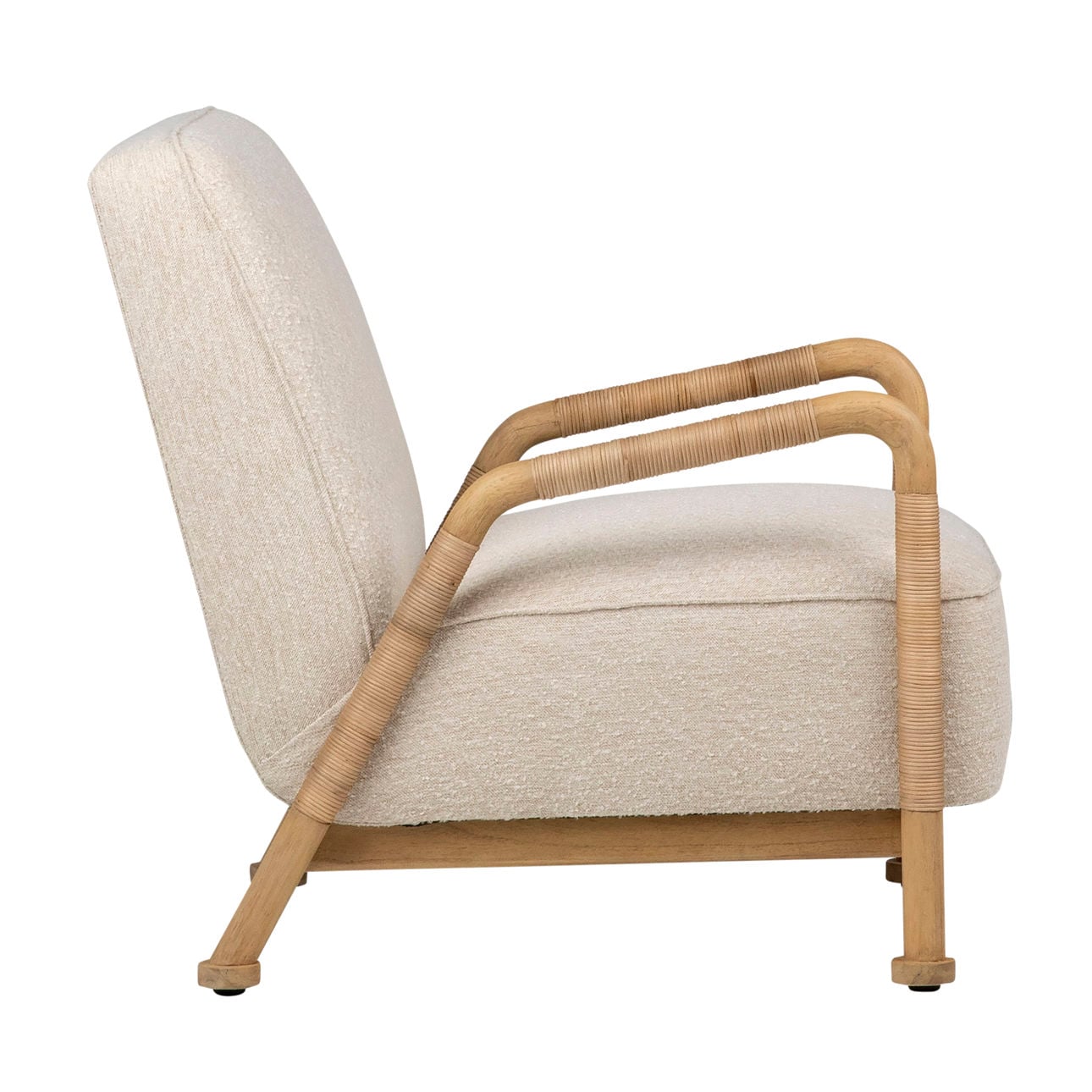 Ivory Upholstery and Natural Finish Frame Boucle Upholstery, Mindi Wood and Rattan Chair 27.5 in Wide