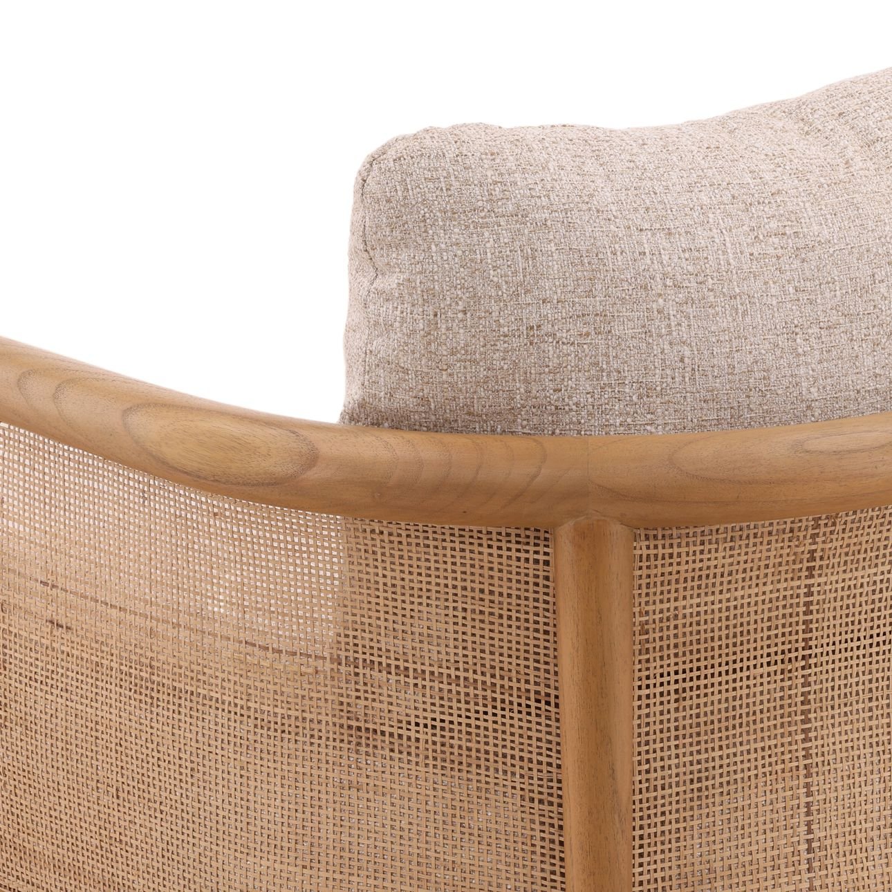 Field Fawn and Natural Tweed Fabric, Mindi Wood and Rattan Chair 28 in Wide
