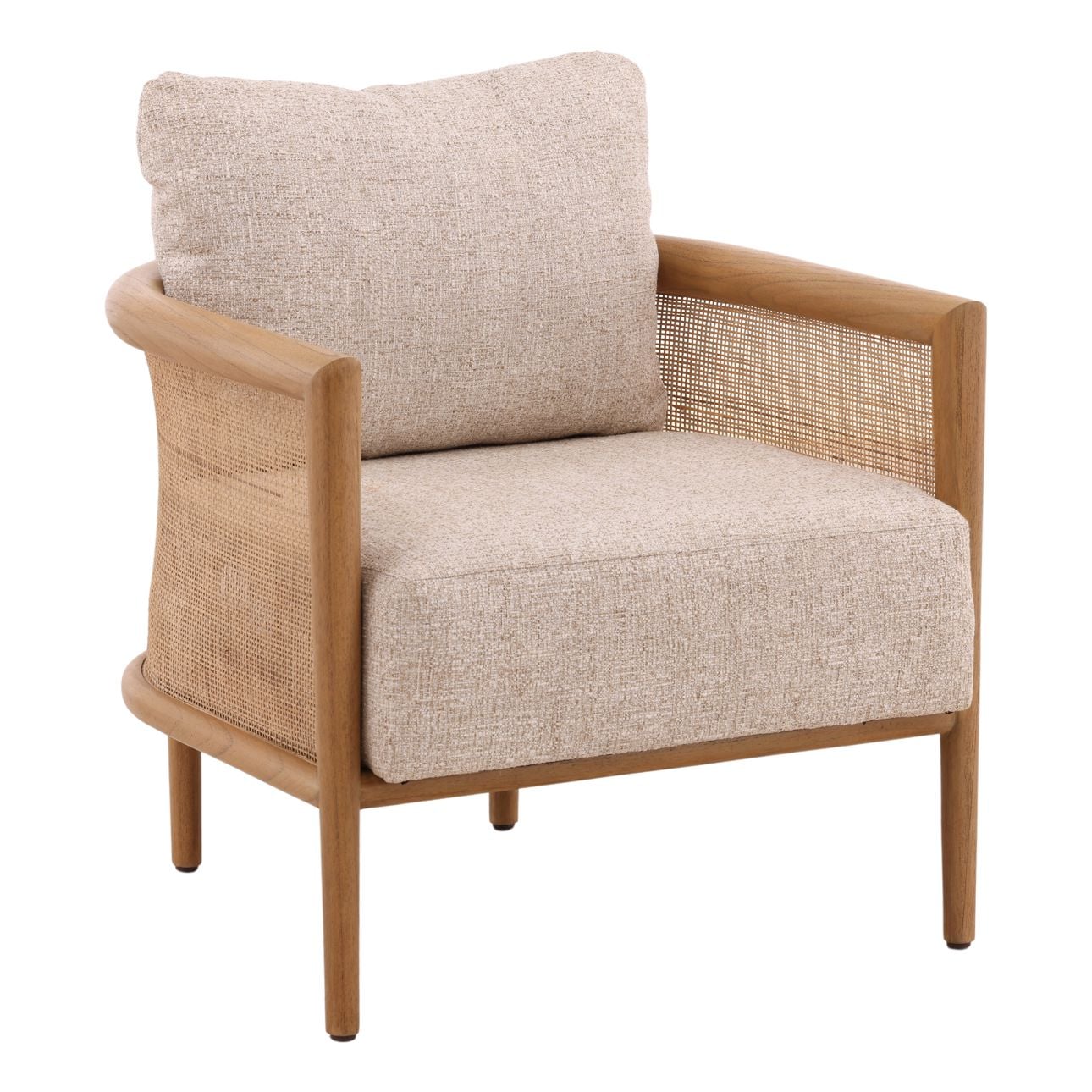 Field Fawn and Natural Tweed Fabric, Mindi Wood and Rattan Chair 28 in Wide