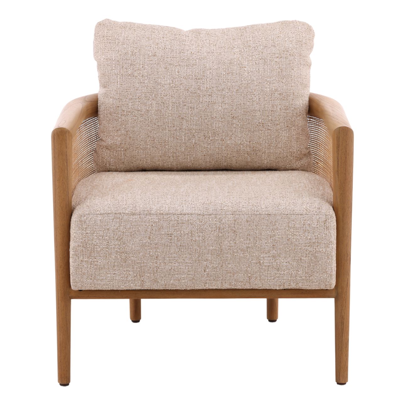 Field Fawn and Natural Tweed Fabric, Mindi Wood and Rattan Chair 28 in Wide