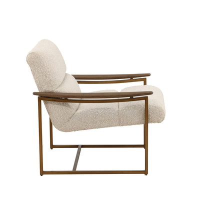 Barley Cream, Brown and Bronze Boucle Fabric, Mindi Wood and Iron Chair 28 in Wide