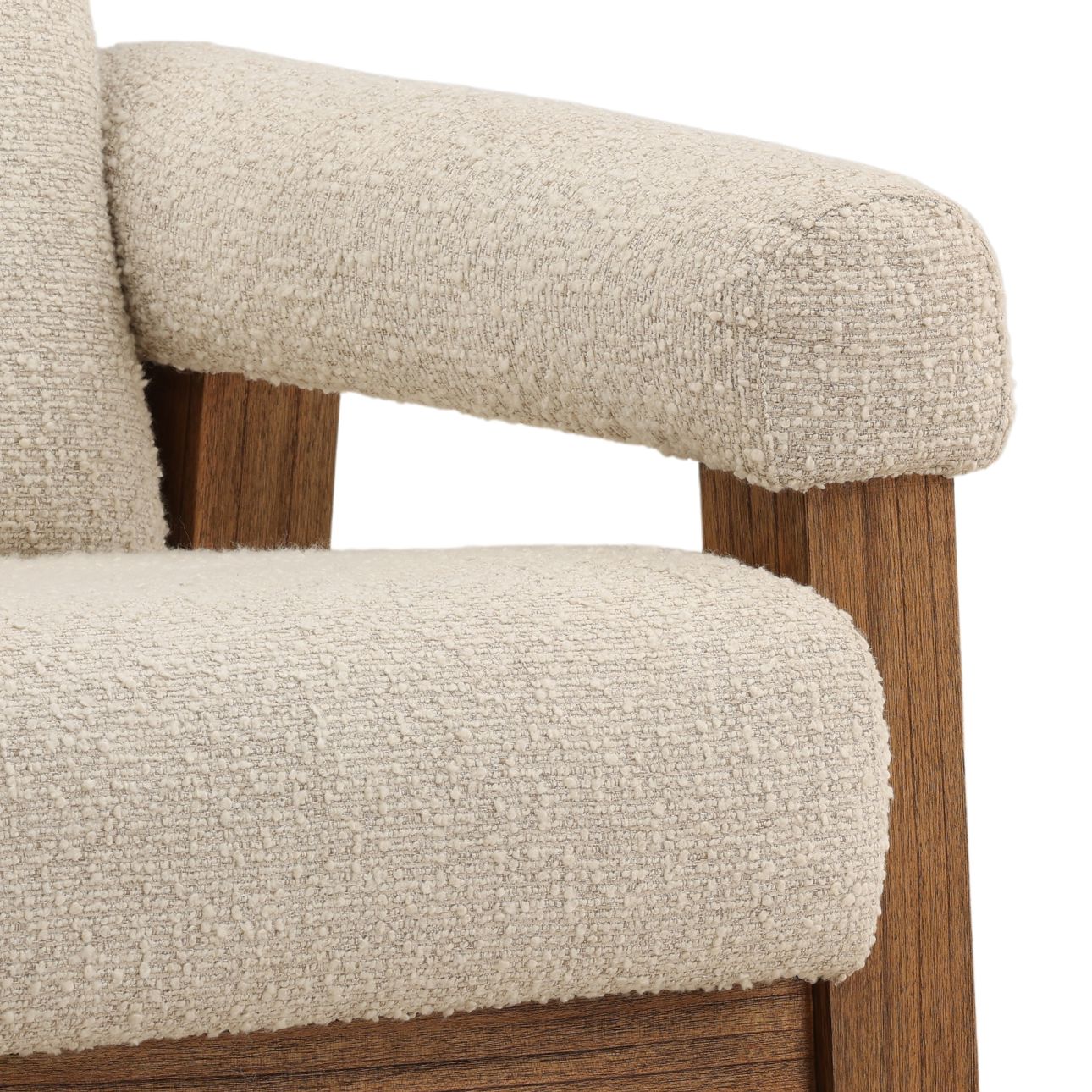 Barley Cream and Brown Boucle Fabric and Mindi Wood Chair 34.5 in Wide