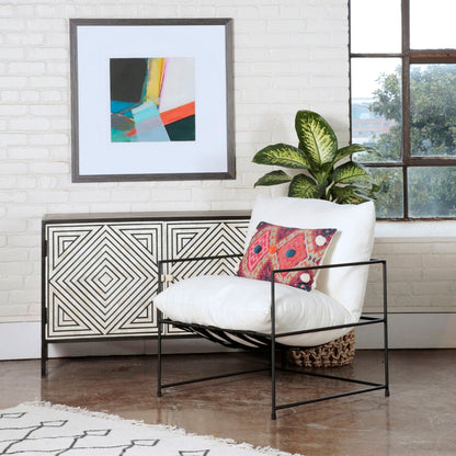 White with Black Iron Frame Cotton Blend Upholstery with Iron Frame Chair 28 in Wide