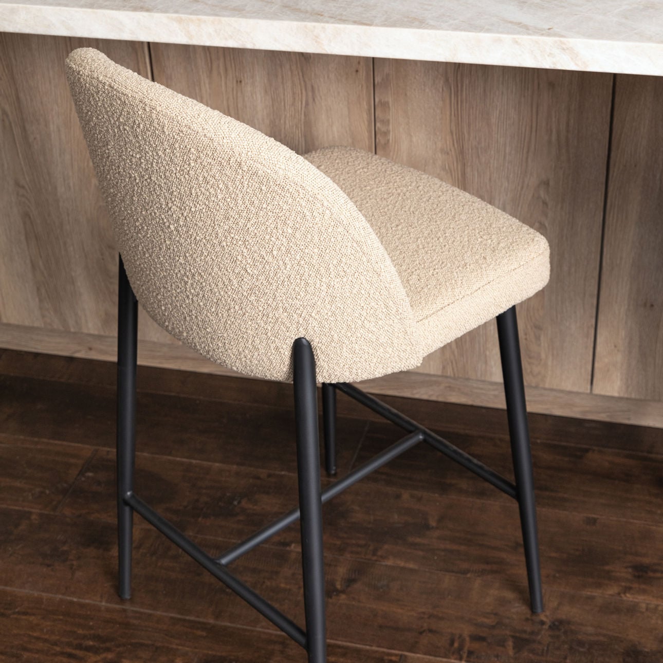 Sand and Black Boucle Upholstery and Iron Stool 20.5 in Wide
