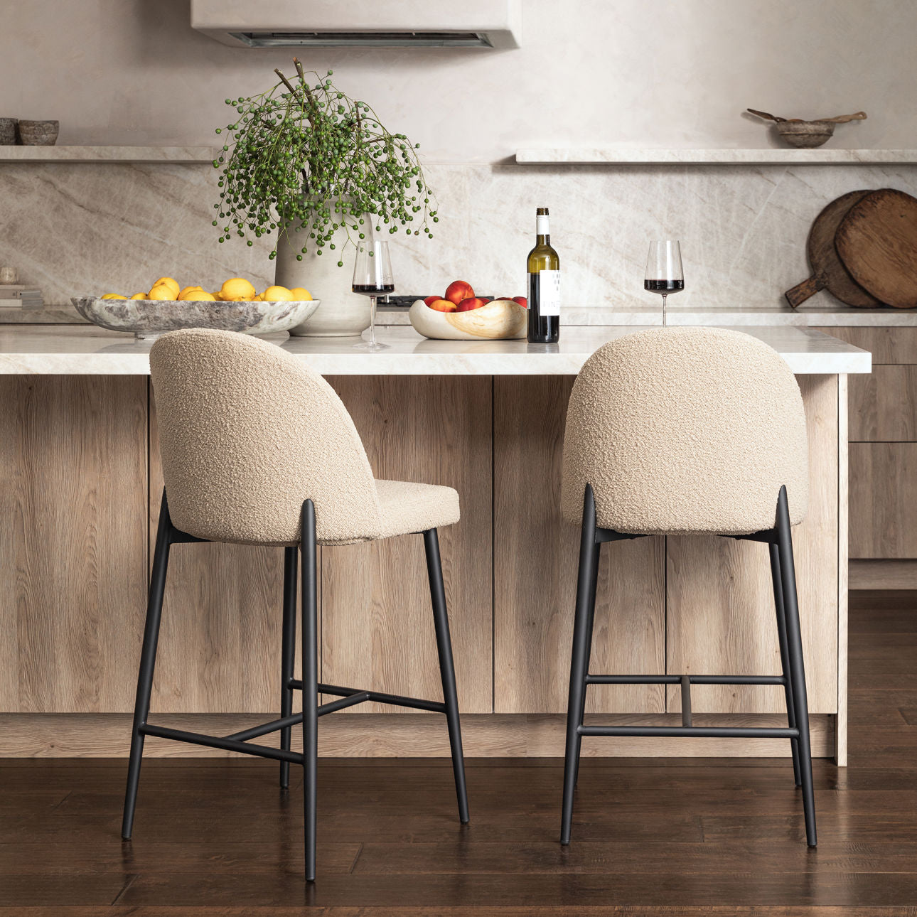 Sand and Black Boucle Upholstery and Iron Stool 20.5 in Wide