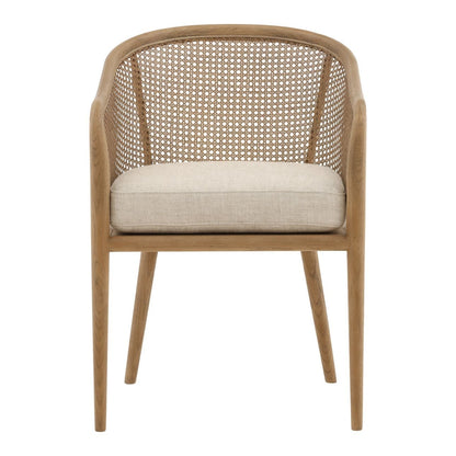 Beige and Natural Linen Fabric, Rattan and Ash Wood Chair 22.5 in Wide