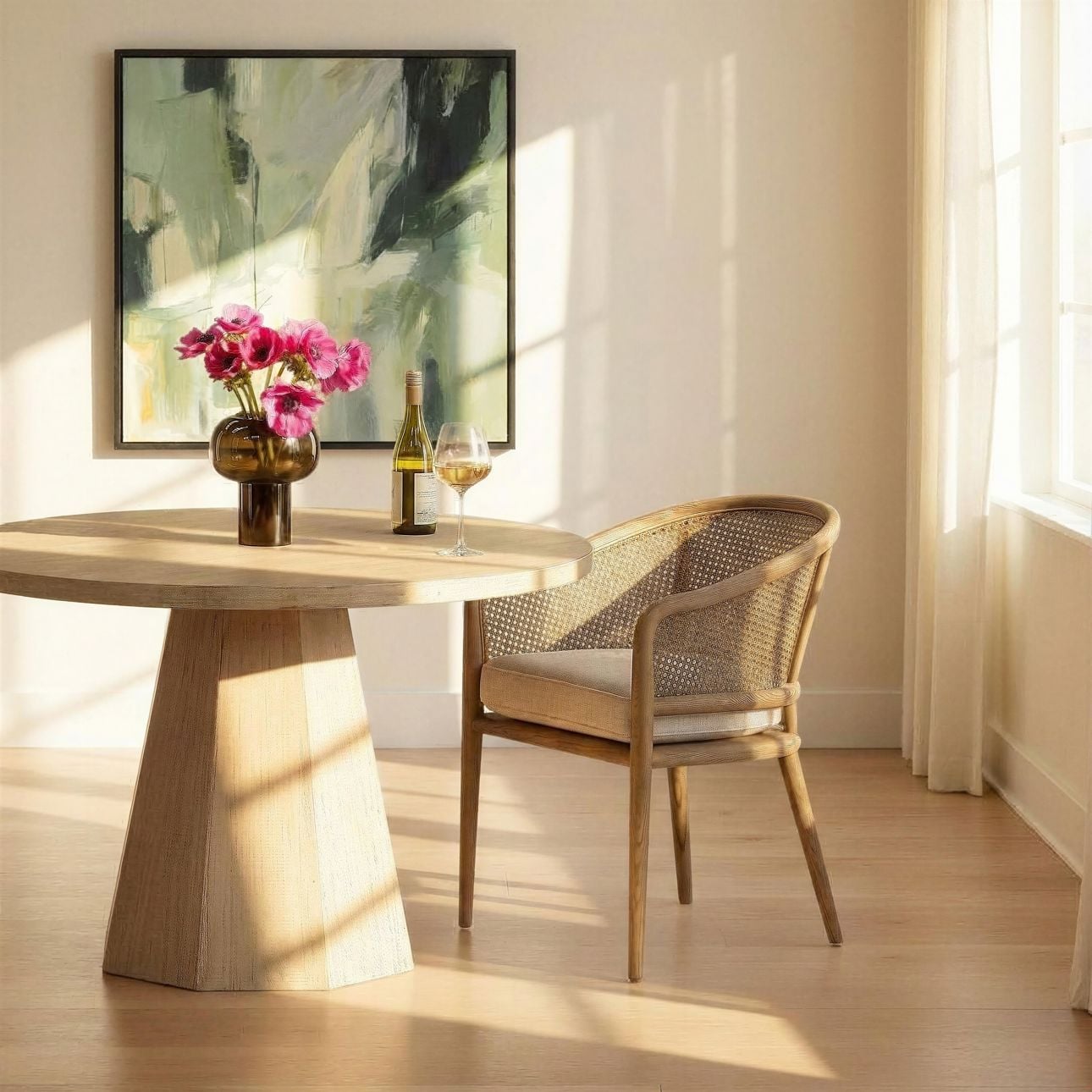 Beige and Natural Linen Fabric, Rattan and Ash Wood Chair 22.5 in Wide
