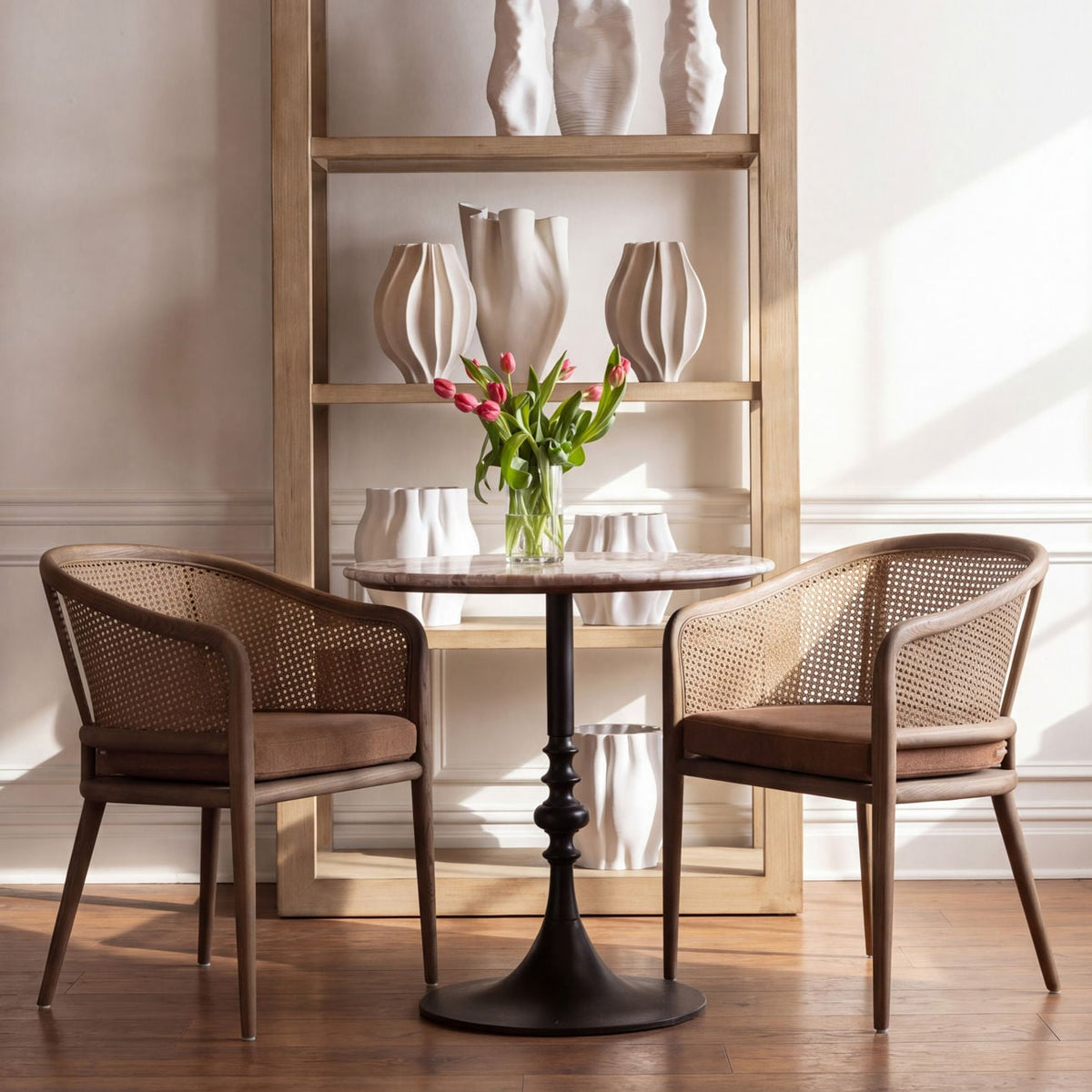 Artisan Basketweave Fabric, Rattan and Ash Wood Dining Chair