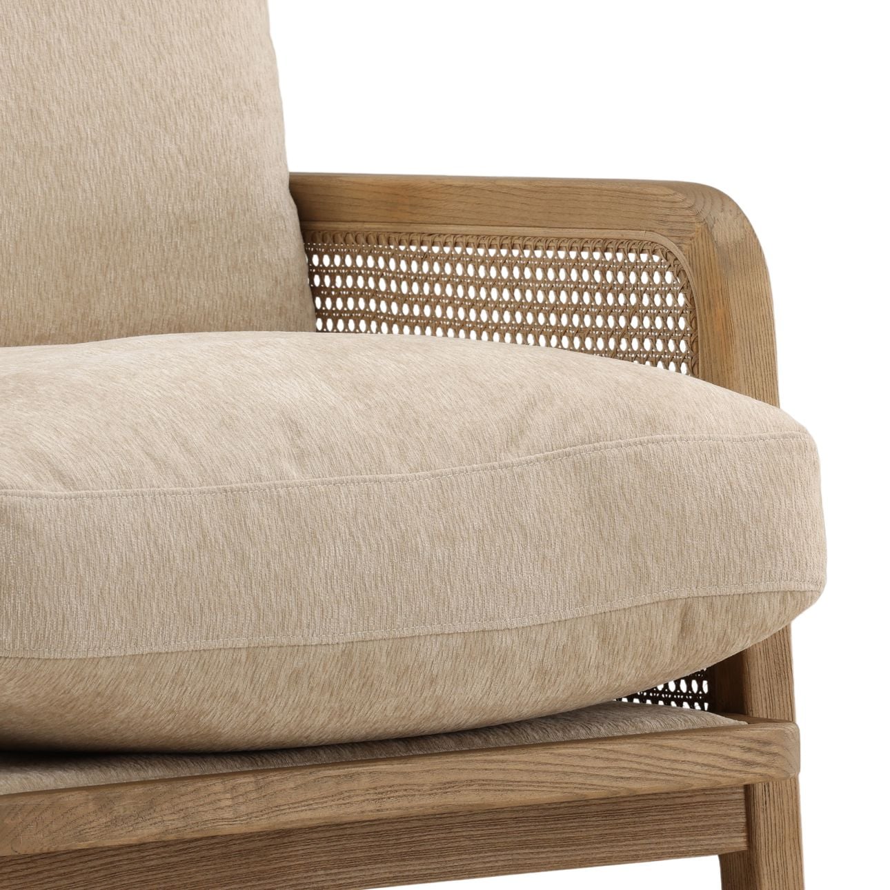 Sand and Natural Chenille Fabric, Rattan and Wood Chair 27 in Wide