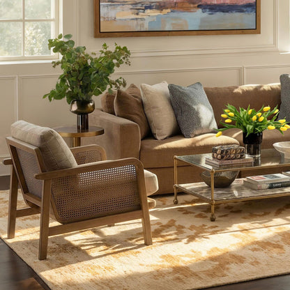 Sand and Natural Chenille Fabric, Rattan and Wood Chair 27 in Wide