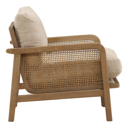 Sand and Natural Chenille Fabric, Rattan and Wood Chair 27 in Wide