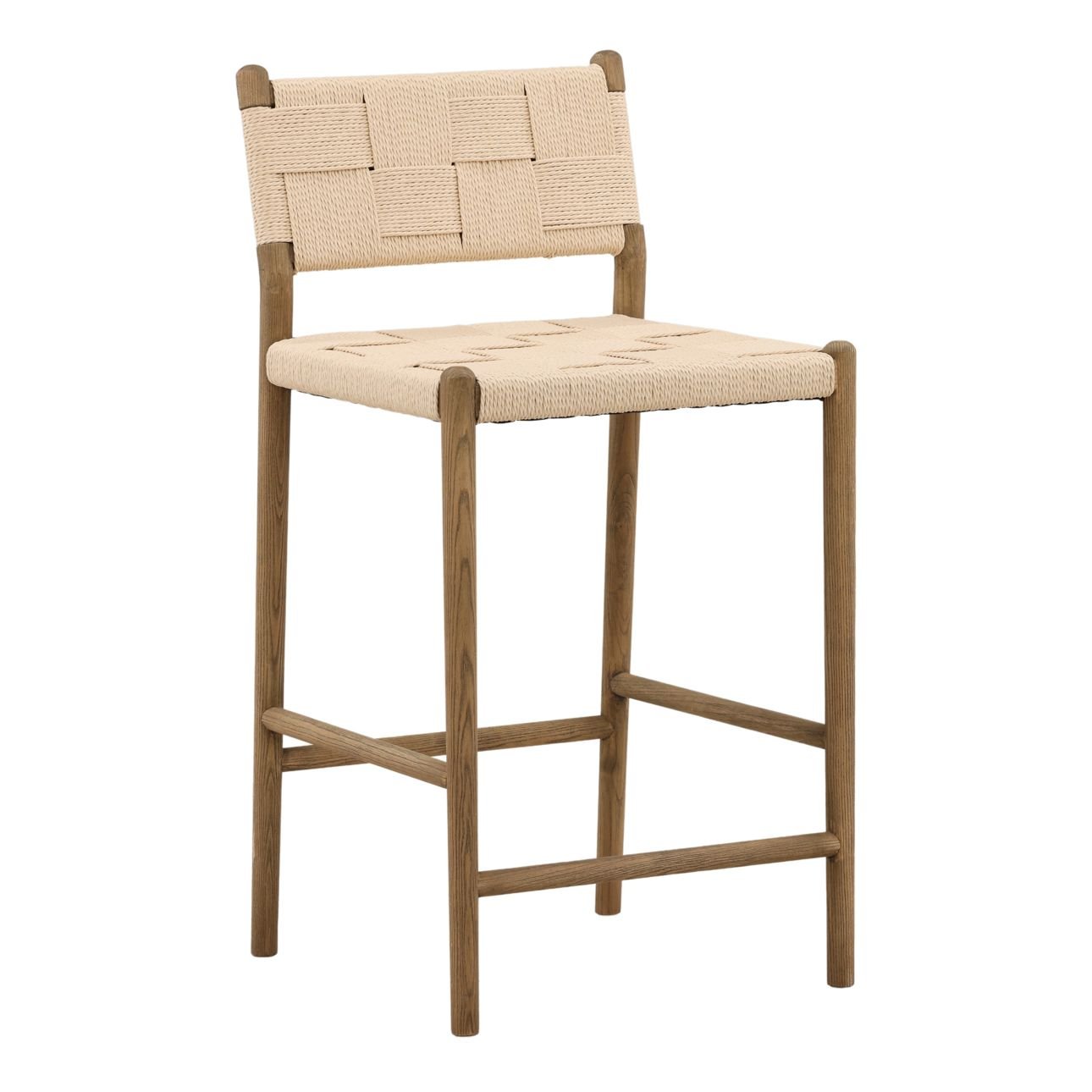 Natural and Light Brown Paper Cord Yarn and Ash Wood Stool 18.5 in Wide