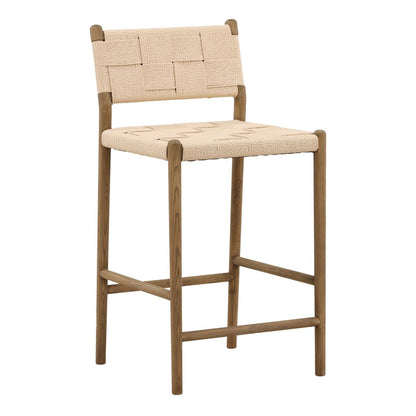 Natural and Light Brown Paper Cord Yarn and Ash Wood Stool 18.5 in Wide