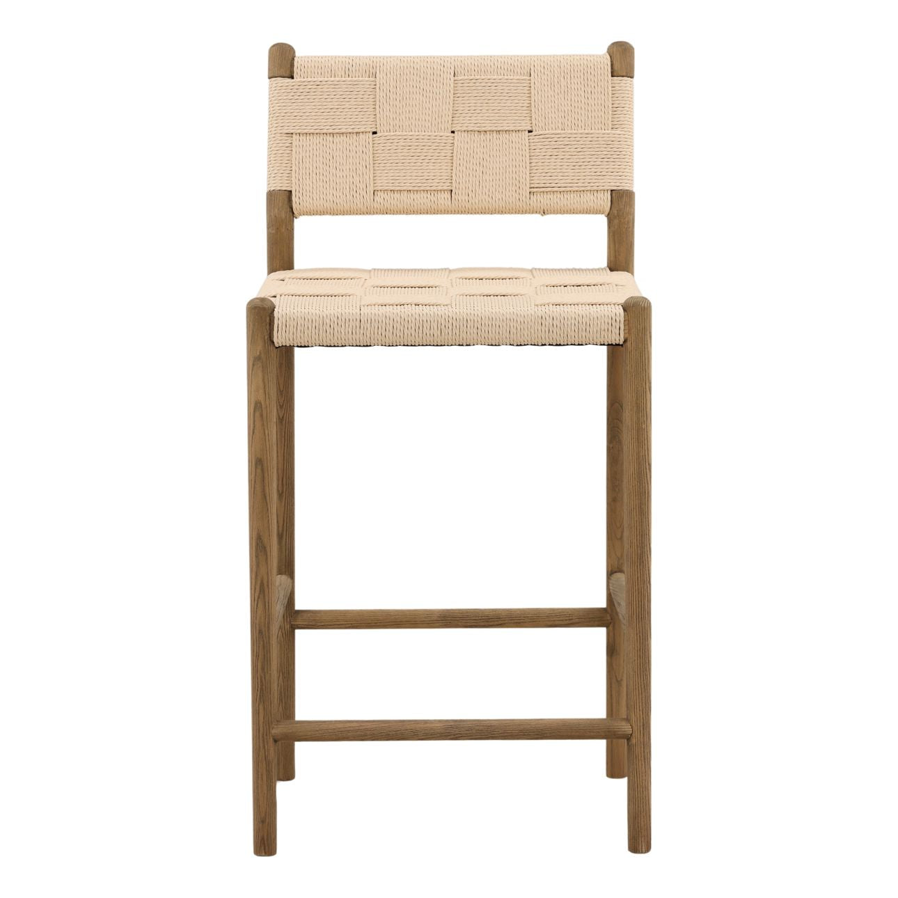 Natural and Light Brown Paper Cord Yarn and Ash Wood Stool 18.5 in Wide