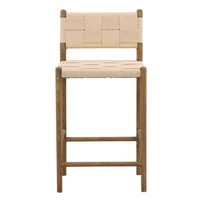 Natural and Light Brown Paper Cord Yarn and Ash Wood Stool 18.5 in Wide