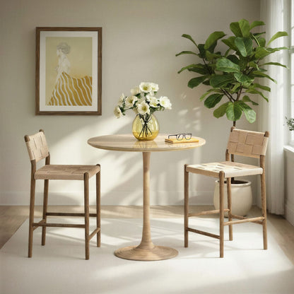 Natural and Light Brown Paper Cord Yarn and Ash Wood Stool 18.5 in Wide